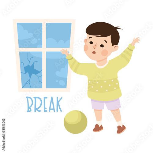 Little Boy Breaking Window with Ball Demonstrating Vocabulary and Verb Studying Vector Illustration
