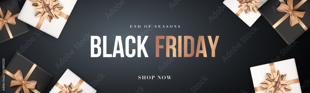 Luxury Sale banner with realistic black and white gift boxes and golden silk bow. Black Friday design background. Design template for banner, web header, social media.
