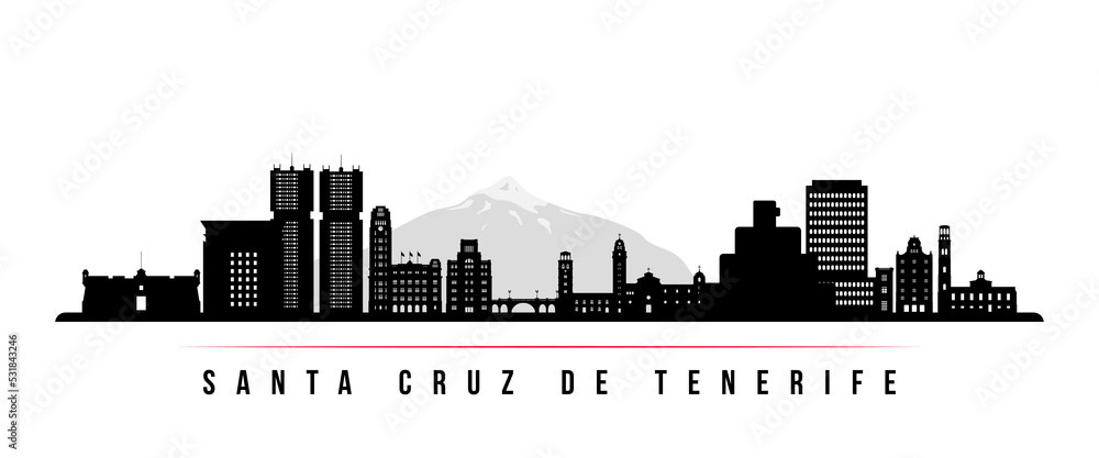 Santa Cruz de Tenerife skyline horizontal banner. Black and white silhouette of Santa Cruz de Tenerife, Spain. Vector template for your design.