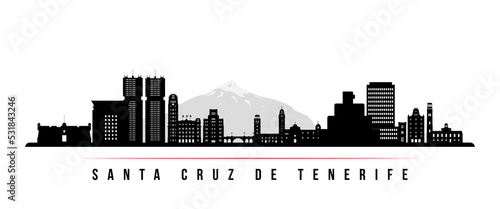 Santa Cruz de Tenerife skyline horizontal banner. Black and white silhouette of Santa Cruz de Tenerife, Spain. Vector template for your design.