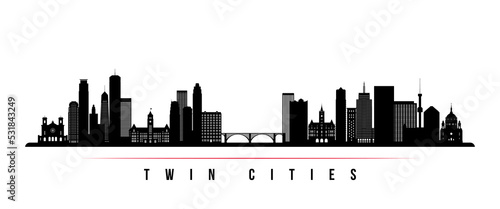 Twin cities skyline horizontal banner. Black and white silhouette of Twin cities, Minnesota. Vector template for your design.