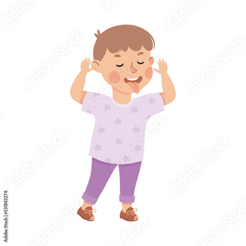 Little Boy with Angry Grimace Showing Tongue Teasing Somebody Vector Illustration