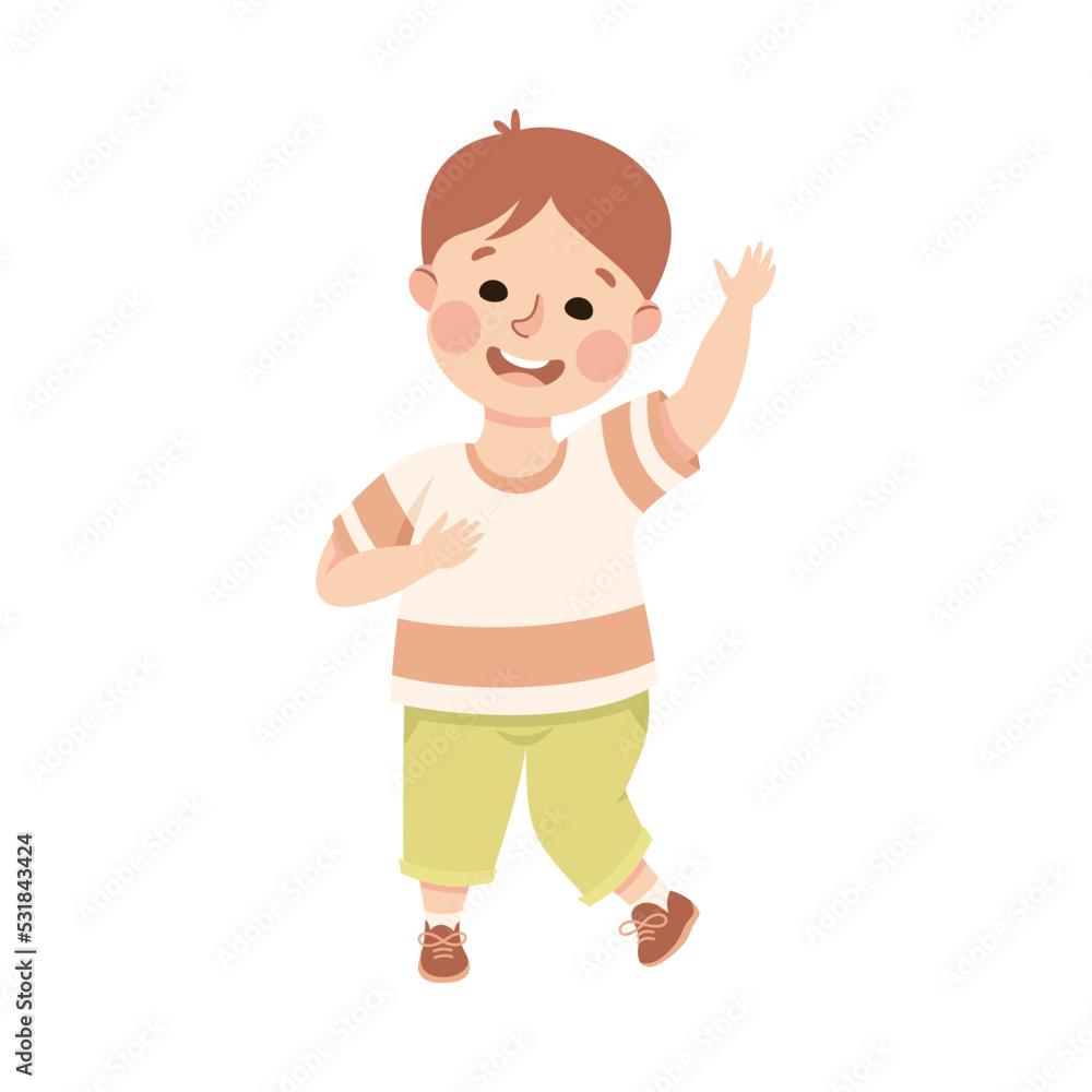 Cute Little Boy Waving Raised Hand Greeting Vector Illustration