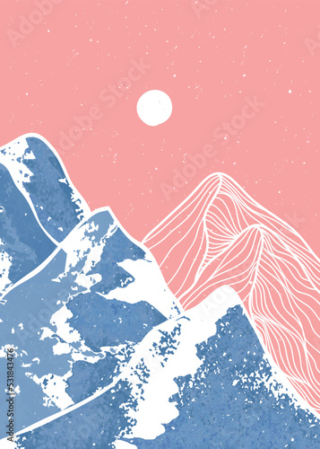 Mid century modern art print. Abstract mountain contemporary aesthetic backgrounds landscapes. vector illustrations