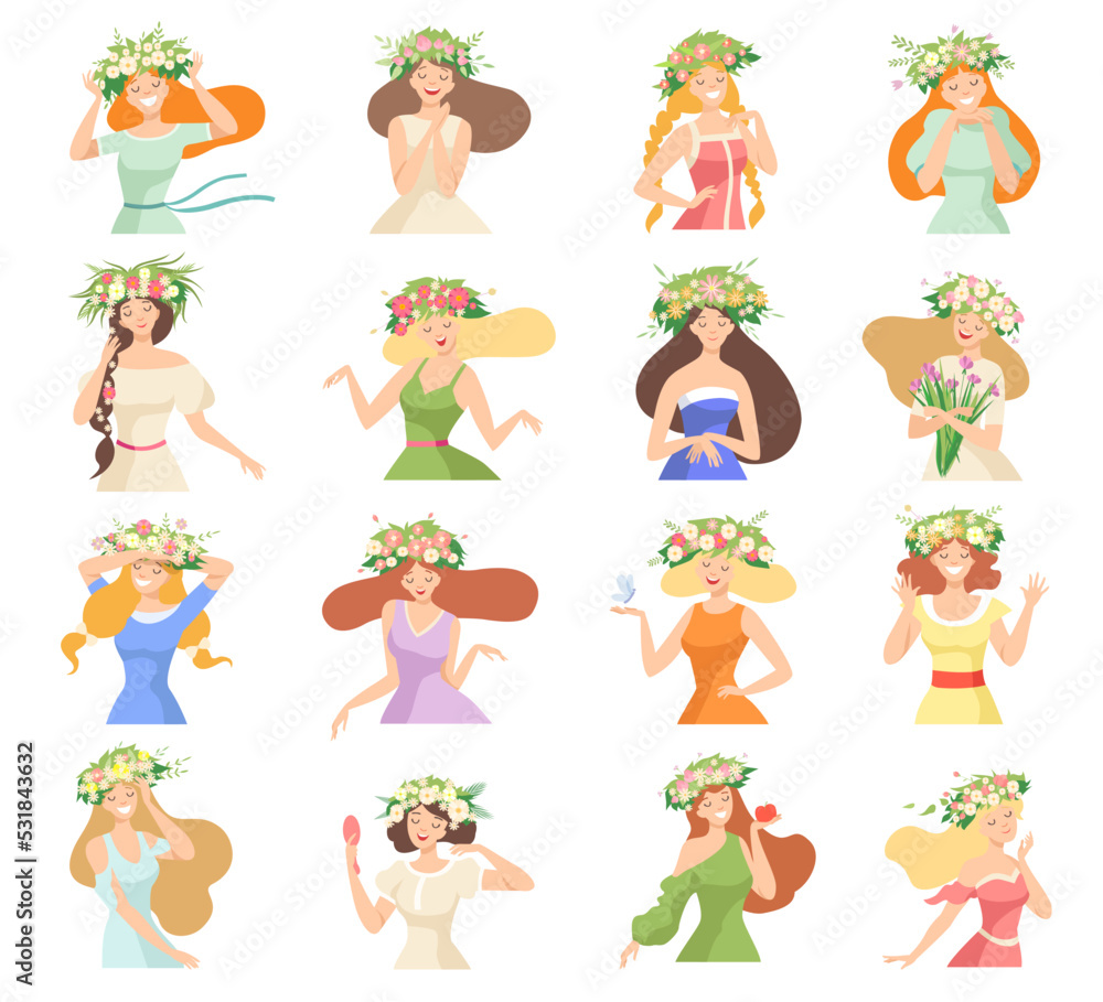 Young Female with Splendid Hair Having Floral Wreath on Her Head Big Vector Set