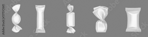 Blank wrappers of candies and chocolates, 3d white plastic packs. Vector realistic mockup of sweets wraps, empty template of packages for bonbon, snacks and hard sugar candies