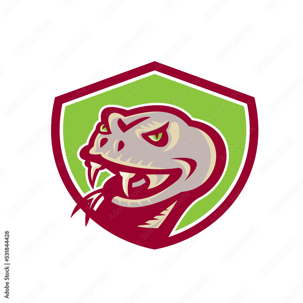 Illustration of a viper snake serpent head showing fangs set inside shield crest on isolated background done in retro style. Illustration of a viper snake serpent head showing fangs set inside shield crest on isolated background done in retro style.