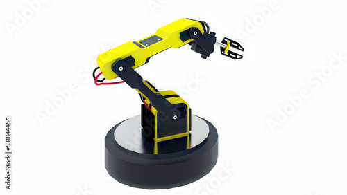 3d rendering of yellow robotic arm with black gripper standing on white background.
