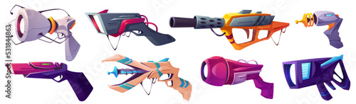 Space blaster guns, cartoon vector laser handguns weapon. Toys for kids, game ui or gui design elements, alien arms or child pistols and phasers isolated on white background, energy military arms set