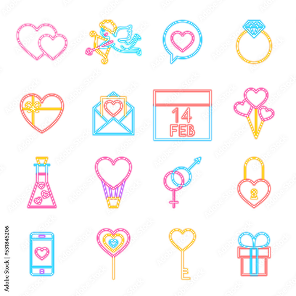 Valentine Day Neon Icons Isolated. Illustration of Glowing Bright Led Lamp over White Symbols. Valentine Day Neon Icons Isolated. Illustration of Glowing Bright Led Lamp over White Symbols.