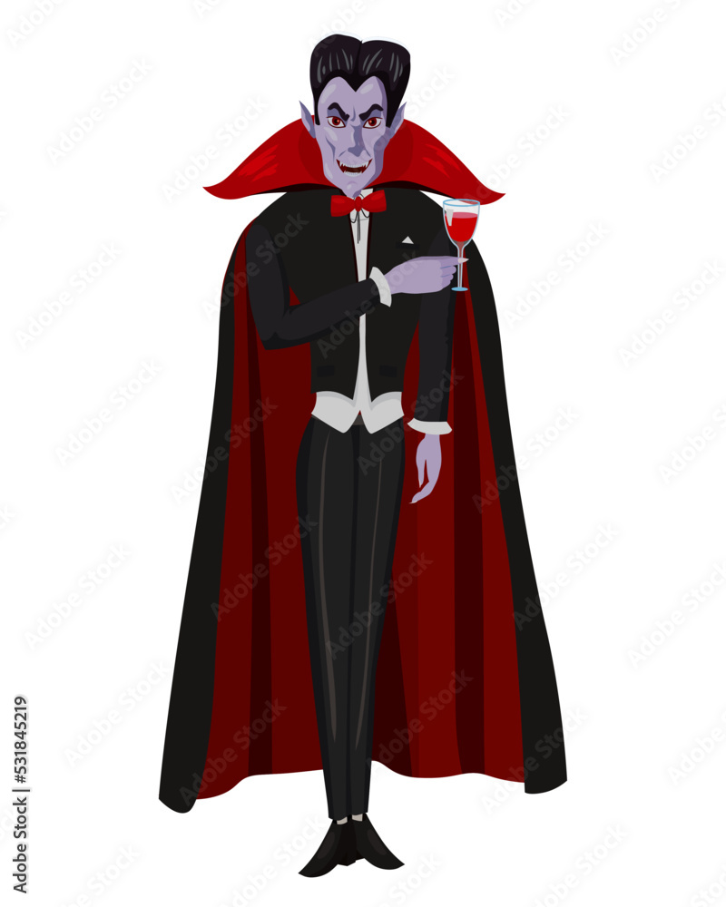 Dracula vampire character in black red cape with wineglass. Vector illustration cartoon style