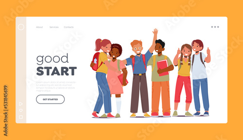 Back to School Landing Page Template. Pupils Boys and Girls with Backpacks and Textbooks Stand in Row. Happy Students