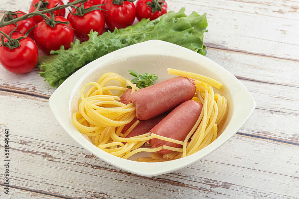 Mini sausages with pasta spaghetti Mini sausages with pasta spaghetti