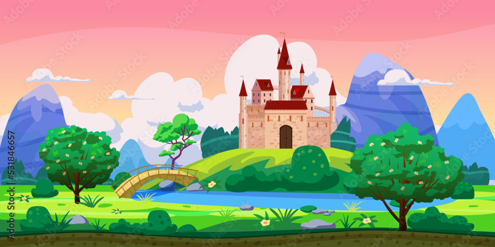 Fantasy fairytale castle landscape, green hills, trees, spring, river, mountains, panorama. Vector cartoon background illustration