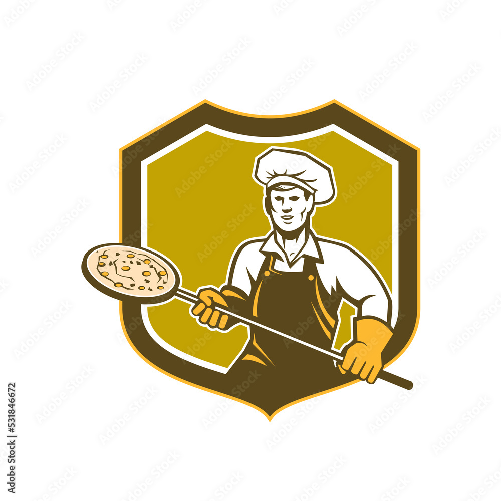 Pizza Maker Holding Peel Shield Retro