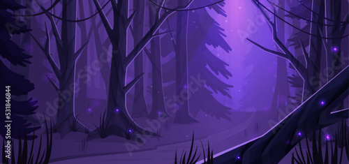 Night forest landscape with trees, road and glowworms shining in darkness. Wild wood natural background, dark mysterious place with plants under moonlight falling down, Cartoon vector illustration