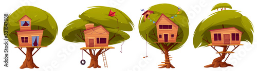 Tree house, cartoon wooden treehouse or hut for children fun games. Cabin or hovel with ladder, swing and windows isolated on white background. Summer bungalow for kids, Vector illustration, set