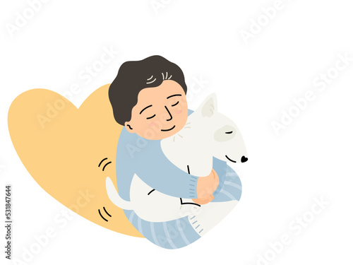 A little boy is hugging dog, Kid love dog vector. Design for hug day concept, flat vector illustration.