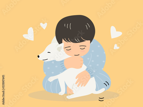 A little boy is hugging dog, Kid love dog vector. Design for hug day concept, flat vector illustration.