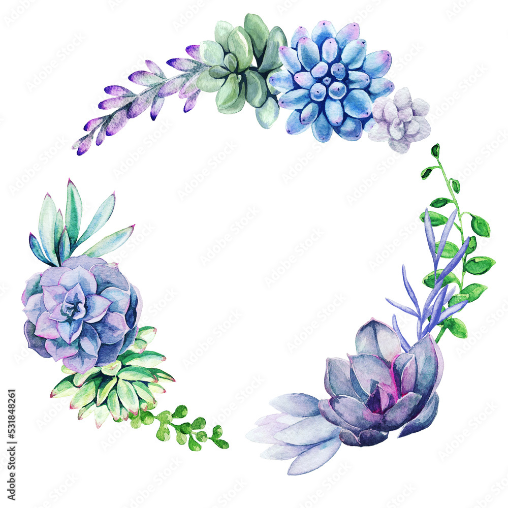 Watercolor wreath frame composed of bright full color succulent