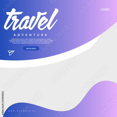 Social media post template for travel and tourism business promotion with agency logo and icons. Summer beach vacation web banner on abstract background. Travel sales poster. Online marketing flyer.