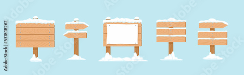 Set of cartoon wooden pointers in the snow. Vector signboard with sheet of white paper, banners and arrow isolated. Flat winter illustration.