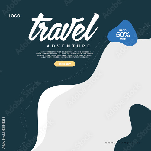 Social media post template for travel and tourism business promotion with agency logo and icons. Summer beach vacation web banner on abstract background. Travel sales poster. Online marketing flyer.