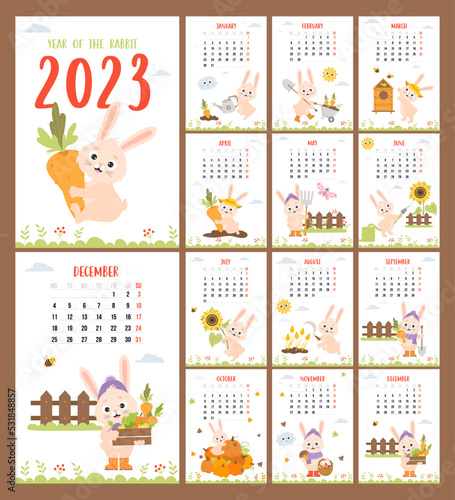Yearly calendar 2023 with cute bunny farmer gardener. Printable planner  organizer 12 vertical A4 monthly page templates and cover. Vector illustration. Week on Monday in English. mascot year rabbit.