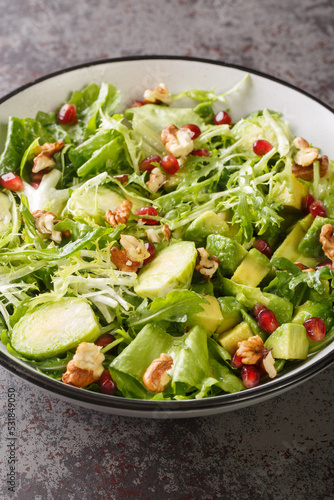Brussels Sprouts Pomegranate, Avocado, walnuts and lettuce Salad closeup in the bowl on the table. Vertical