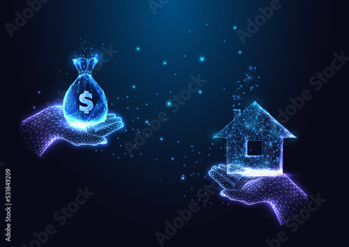 Real estate, house loan concept with hands holding money bag and home symbols on dark blue 