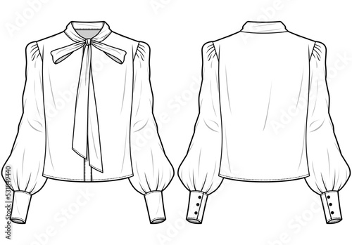 Women's Bishop Sleeve Blouse with Tie Neck Front and Back View. Fashion Illustration, Vector, CAD, Technical Drawing, Flat Drawing, Template, Mockup.	