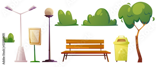 Set of city elements, constructor, cartoon park items. Green tree, wooden bench, bushes, street lamp and ads banner with litter bin outdoor urban decor vector illustration isolated on white background