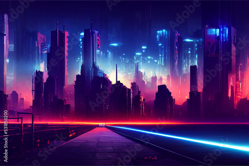 Sci-fi Cyberpunk city skyline at night  Generative AI