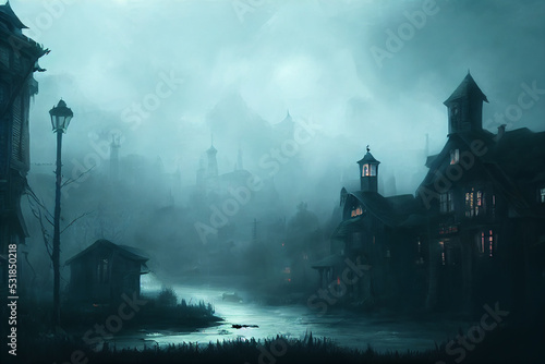 creepy and spooky fantasy village, concept art