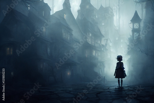 Creepy little child in spooky vilage  halloween background  concept art  digital illustration  Generative AI