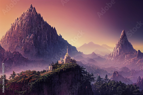 Print op canvas A fantasy citadel in the mountains, concept art