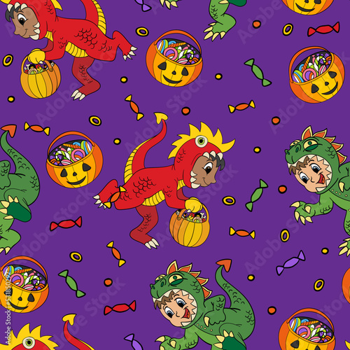 Seamless pattern of Halloween with cute dancing dinosaurs