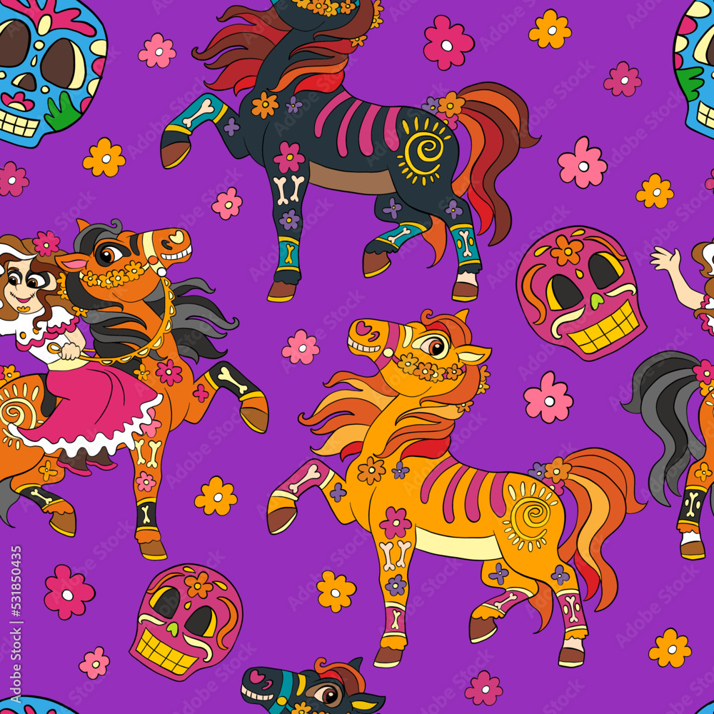 Seamless pattern of Halloween with cute mexican horse and girl