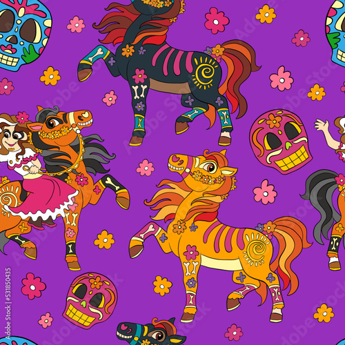 Seamless pattern of Halloween with cute mexican horse and girl
