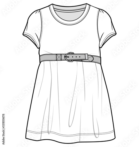 kids girls caps sleeve crew neck belted dress fashion flat sketch vector illustration. cad mockup.