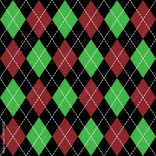 Argyle plaid seamless pattern sweater vest green and red color stripes black background , Christmas day decorection Vector illustration . photo