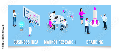 Set of 3D isometric New startup project concept with  Idea, analysis, planning, strategy, brainstorming, market research, analyze competitors. Vector illustration EPS 10