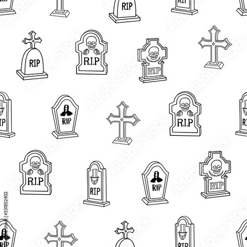 Halloween seamless pattern with tombstone. Outline illustration for seasonal design, textiles, decoration, greeting card.