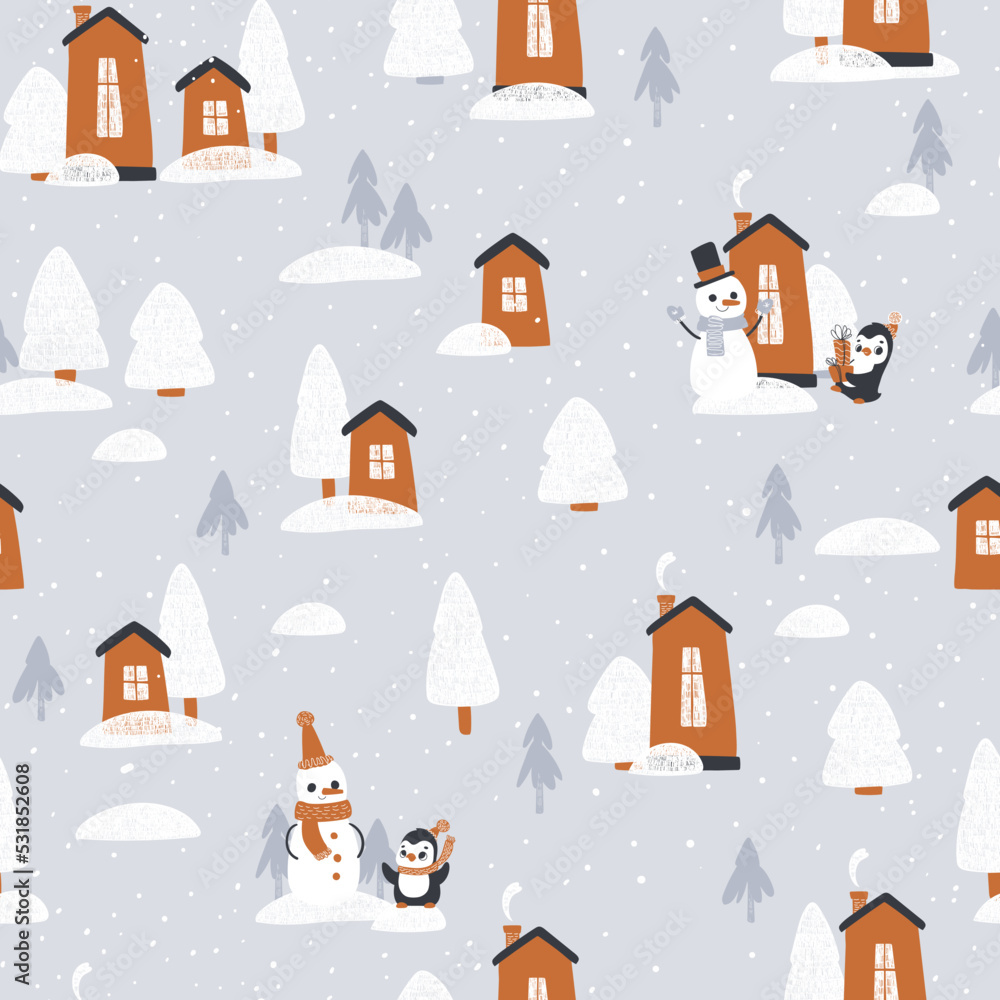 Seamless Christmas pattern with winter houses. Winter village. seamless pattern for paper, wrapping, clothing, textile, wallpaper. Vector illustration