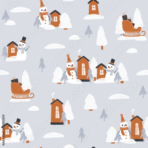 Cute Christmas town. Winter village. seamless pattern for paper, wrapping, clothing, textile, wallpaper. Vector illustration