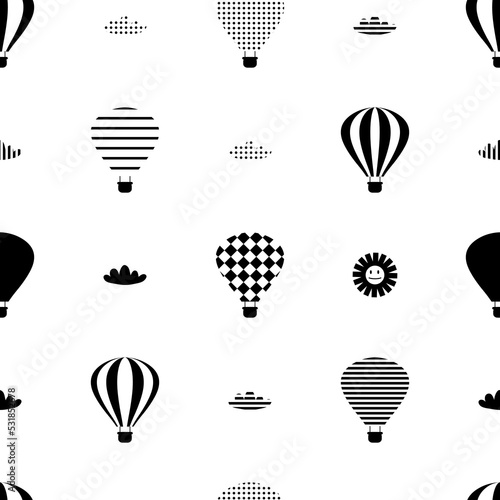 Monochrome seamless pattern with hot air balloons, clouds and sun. Perfect print for tee, textile, paper and fabric. Retro style vector illustration for surface design.