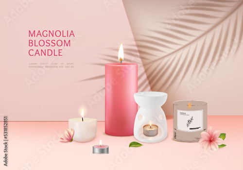 Magnolia Blossom Scented Candle Ads Banner Concept Poster Card with Lamp Aroma Therapy and Palm Branch Leaf Overlay. Vector illustration