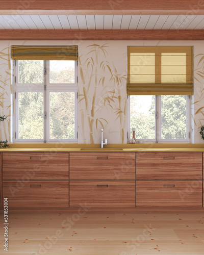 Fototapeta Naklejka Na Ścianę i Meble -  Minimalist wooden kitchen in white and yellow tones. Parquet floor, beams ceiling and bamboo wallpaper. Windows with curtains. Japandi interior design