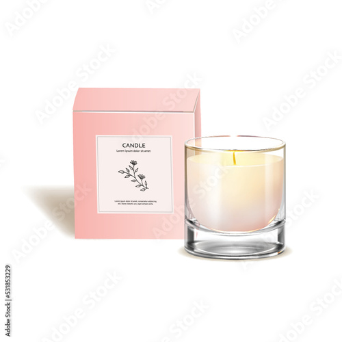 Realistic Detailed 3d Burning Wax Candle in Glass Jar and Box Carton Pack Product. Vector illustration