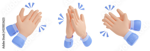 3D illustration set of hands applauding isolated on white background. Human palms with clapping sound effect design. Gesture symbolizing success, congratulation, celebration, excitement, approval photo